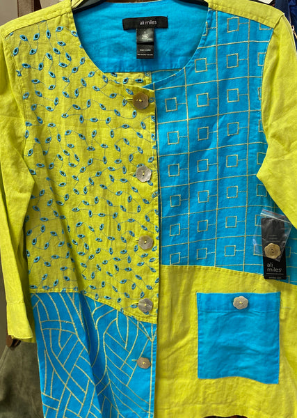 Ali Miles Turquoise and Lime Button Down Embroidered Top