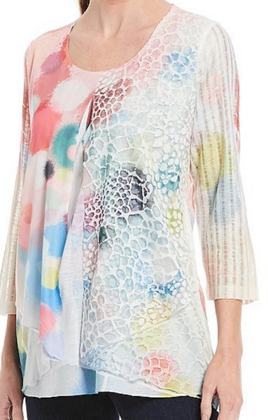 Burnout Printed Scoop Neck 3/4 Sleeve Hi-Low Tunic