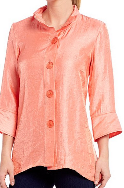 Metallic Crinkle 3/4 Sleeve Decorative Button Front Hi-Low Tunic, Melon