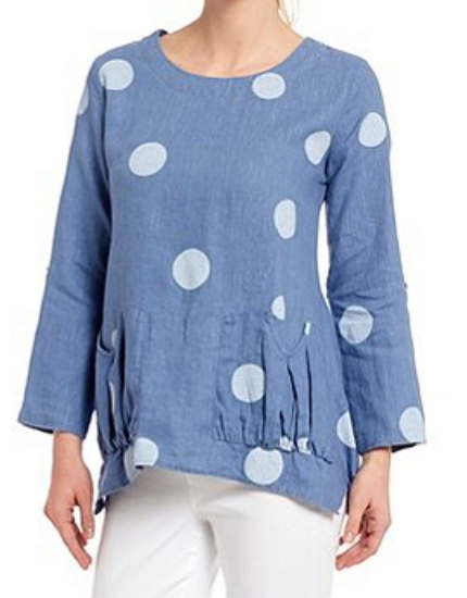 Linen Dot Print 3/4 Roll-Tab Sleeve Front Pocket Top