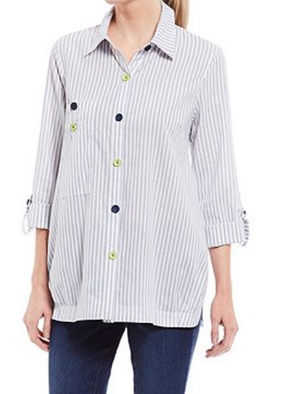 Chambray Stripe Button Front Roll-Tab Sleeve Cotton Blend Tunic