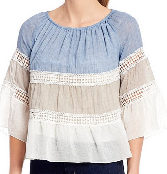 Lace Inset Trim 3/4 Flare Sleeve Top