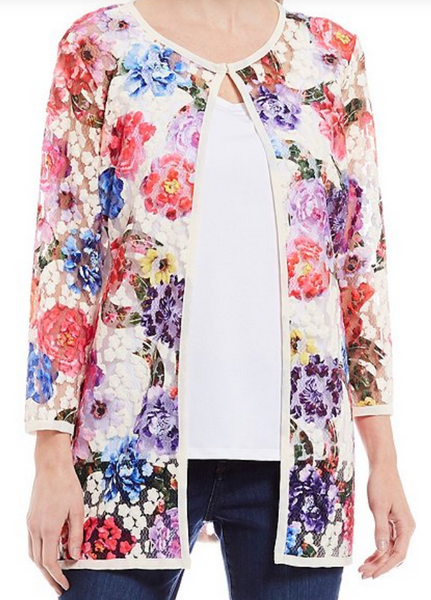 Embroidered Floral Mesh 3/4 Sleeve Jacket