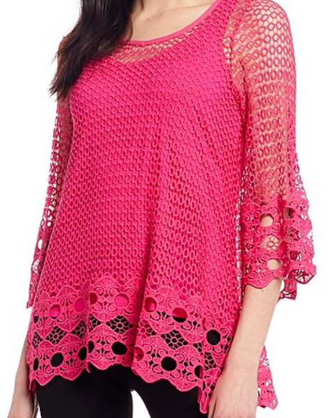Crochet Lace V-Neck 3/4 Sleeve Tunic