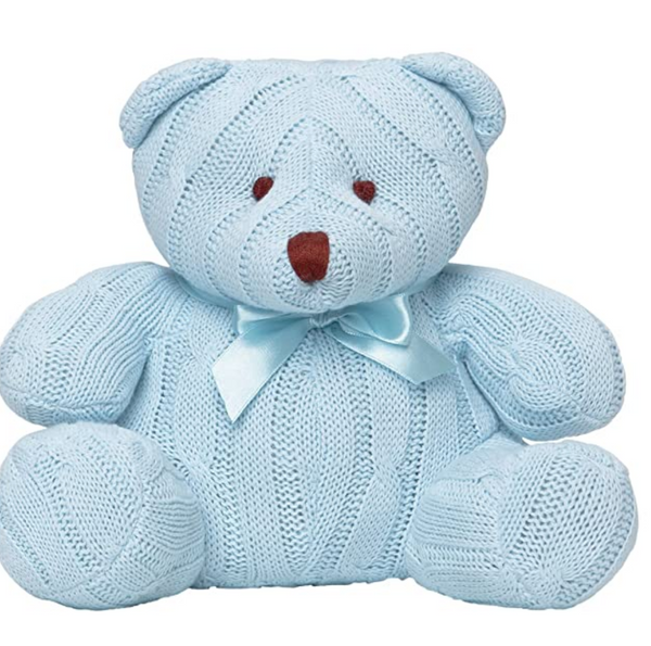 Elegant Baby 100% Cotton, Cable Knit Baby's First Teddy Bear with Bow in Blue