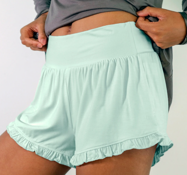 Faceplant Bamboo Ruffle Shorts, Aqua Mist